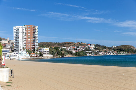 Panorama of city of Annaba. Beach and modern houses on shore of the bay. Algeria