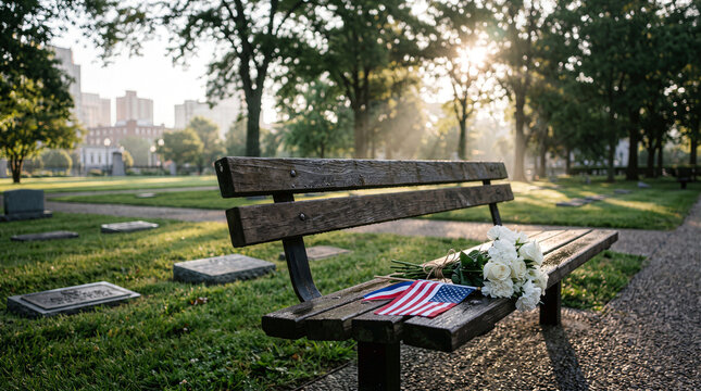 9/11 Memorial Tribute Scene with American Flag And White Roses Resting Upon Wooden Cemetery Bench At Sunrise Reflecting Somber Remembrance Patriotism, Respect For Fallen Heroes Lost Lives, Remembrance