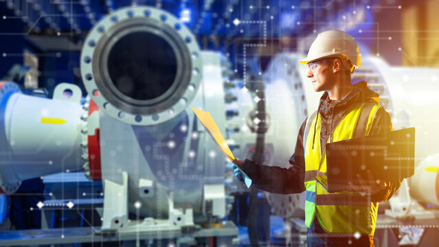 Industrial engineering, machinery inspection and predictive maintenance as an engineer analyzes industrial equipment using a laptop and technical documents.