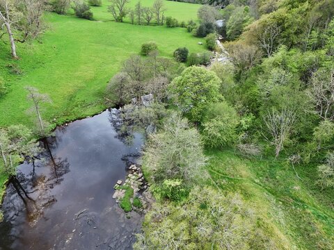 Aerial view of the River Ure winding through the lush green meadows and dense woodlands near Middleham, England, United Kingdom.