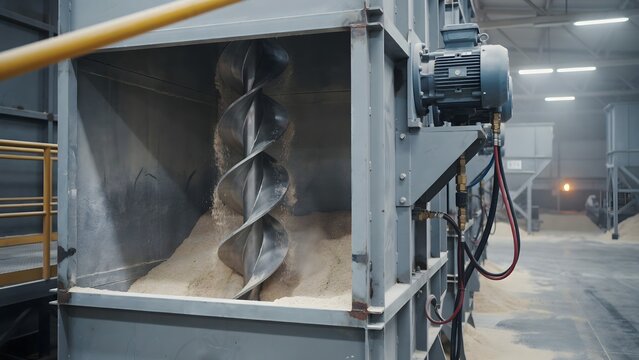 Industrial shredder machine mixing chamber with auger screw for recycling process