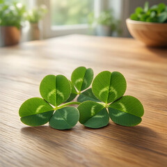 Obraz premium Good luck and fortune concept, fresh green clover leaves on a wooden table with soft natural sunlight for St. Patricks Day celebration and spring