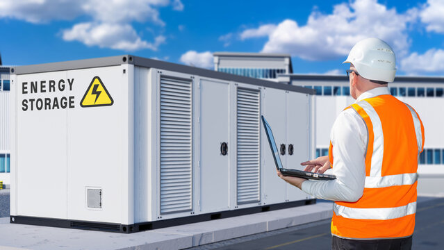Energy storage, engineer monitors an industrial battery energy storage system with a laptop for electricity management, control and maintenance.