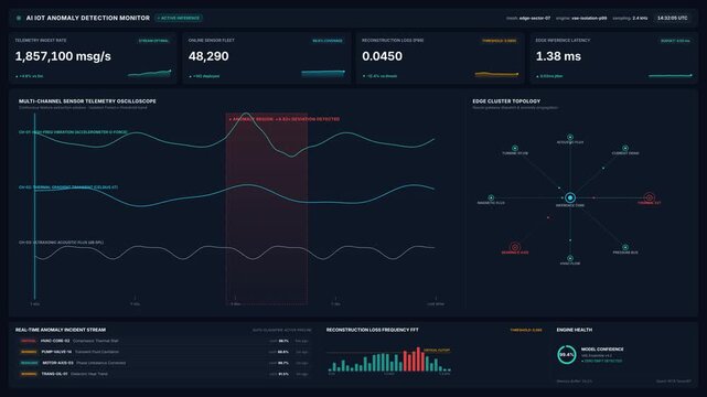 Advanced ai iot anomaly detection monitor interface for telemetry telemetry insights sensor data graphs, for predictive maintenance, industrial automation, machine learning analytics