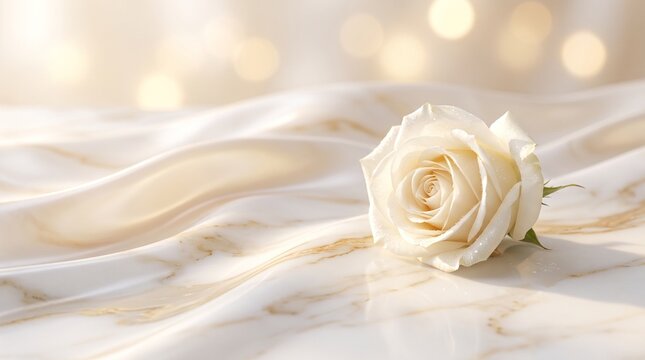 Elegant white rose on marble surface. Luxury floral background with silk fabric and bokeh lights. Romantic wedding flower concept.