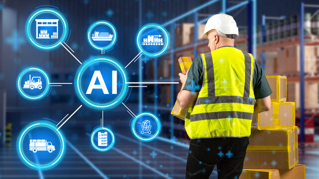 Warehouse logistics, AI automation supports order processing, inventory control and cargo handling as a worker manages packages in a distribution center.