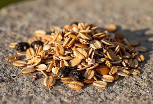 Healthy nutrition and organic diet, pile of raw mixed grains and seeds for wholesome breakfast or bird feed on a textured stone surface in sunlight