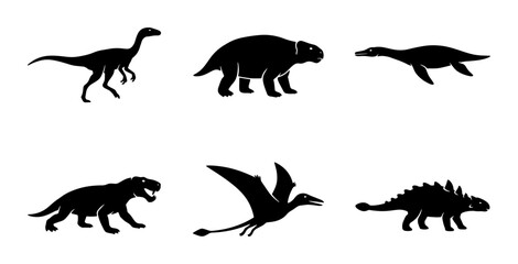 Obraz premium Dinosaur Silhouettes Collection: Prehistoric Creatures, Ancient Reptiles, Extinct Animals, Vector Icons