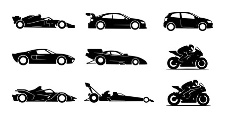 Fototapeta premium Modern Sports Cars and Motorcycles Vector Icons, Sleek Automotive Designs for Speed and Performance
