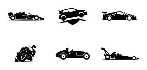 Fototapeta premium Diverse Racing Vehicles Collection, Sports Cars, Motorcycles, and Drag Racers Icons