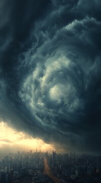Massive Typhoon Storm Wall Approaching a City Skyline, Dramatic Panoramic Cloud Formation in the Center with Clean Space on Both Sides, Cinematic Realism, Ultra-Detailed Commercial Advertising Composi