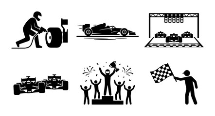 Fototapeta premium Formula 1 Racing Icons: Pit Stop, Cars, Finish Line, Podium, Chequered Flag Vector Set