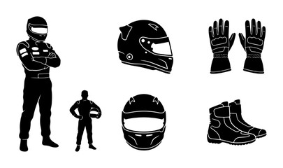 Fototapeta premium Racing Driver Gear Set, Motorsport Helmet, Gloves, Boots, Silhouette Vector Icons for Speed Sports