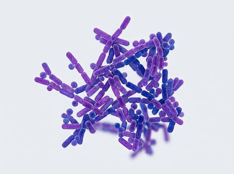 Microscopic photograph showing a dense cluster of purple and blue stained rod-shaped lactic acid bacteria, essential probiotics, and some spheres, live, violet, microscopic