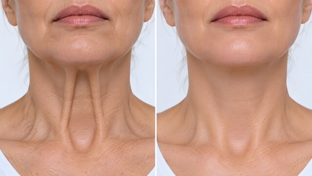 Before and after platysmal bands botulinum toxin injection treatment on mature neck