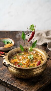 Steaming south Indian soup in a rustic brass pot with fresh curry leaves and whole spices being added to it, releasing flavorful aroma and steam, texture, flavorful, cuisine