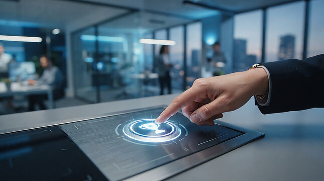 Business professional using a futuristic digital touchscreen interface in a modern office environment