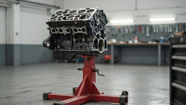 Automotive engine block mounted on red stand in a workshop with tools