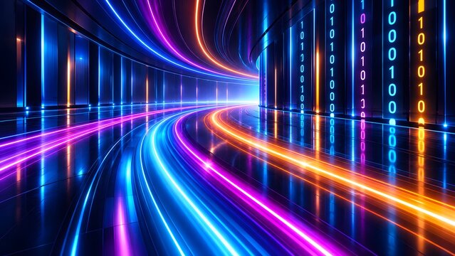 Abstract futuristic tunnel with vibrant neon light trails and binary code, symbolizing data flow and digital technology