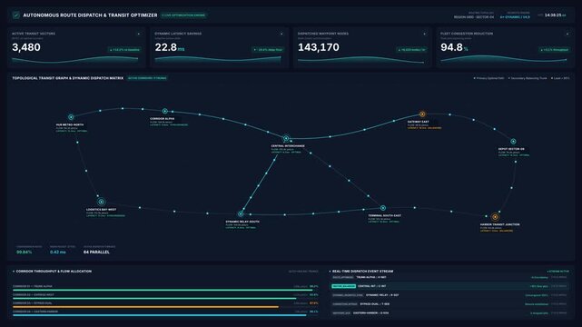 Autonomous route dispatch transit optimizer interface with live network metrics, for smart logistics, supply chain management, data analysis, modern urban mobility technology solutions