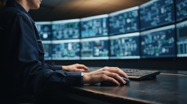 A technician uses a computer mouse and keyboard to monitor automated industrial processes on large wall displays in a modern control room.