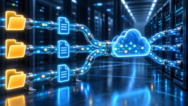 Digital data flowing from file folders and documents into a cloud computing network in a server room