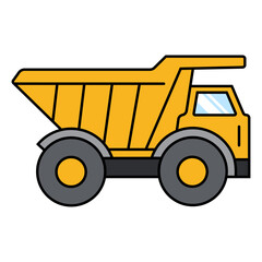 Dump Truck Side View Colored Icon, Yellow Mining Tipper Truck, Construction Vehicle with Blue Window and Gray Wheels © Rey
