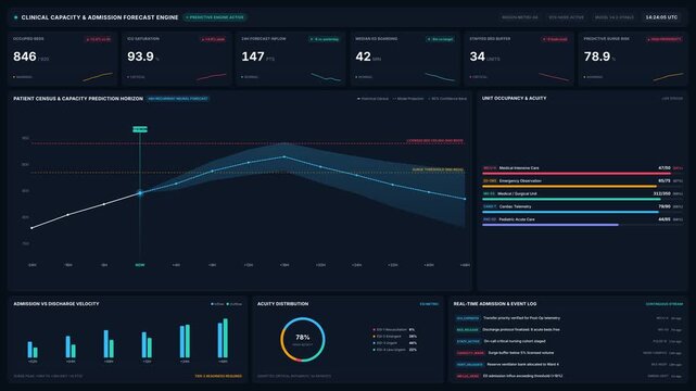 Clinical capacity admission forecast engine dashboard with patient census, icu saturation, bed occupancy metrics, for healthcare management, hospital operations, medical analytics