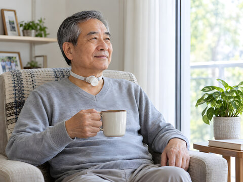 Older Asian man living at home with a tracheostomy heat and moisture exchanger