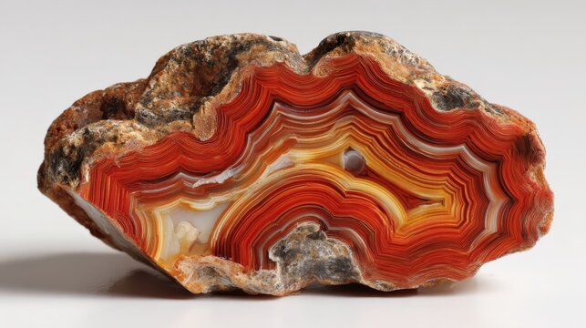 Polished cross-section of a vibrant red and orange agate stone displaying intricate natural banding and patterns.