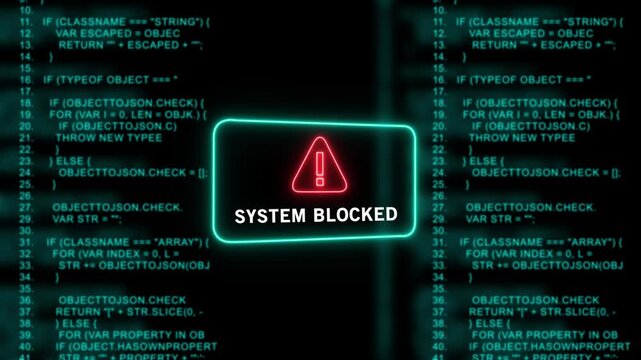 System blocked warning message displayed over scrolling computer programming code background, cyber security breach alert, digital software error notification, hacking attack concept, tech interface