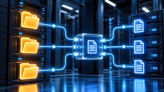 Digital data transfer and file sharing within a server rack environment, featuring glowing folders and document icons