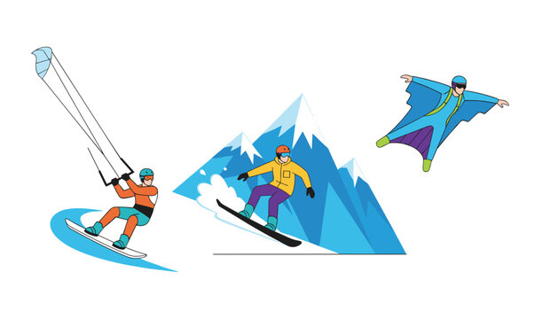 Three extreme sports athletes demonstrating thrilling action in kiteboarding snowboarding and wingsuit flying.