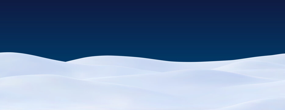 Realistic winter 3d snow landscape, snowy land background with white snowy terrain and rolling hills. Natural soft layered snowdrifts under dark blue night sky. Calm winter bg, for cold holiday season