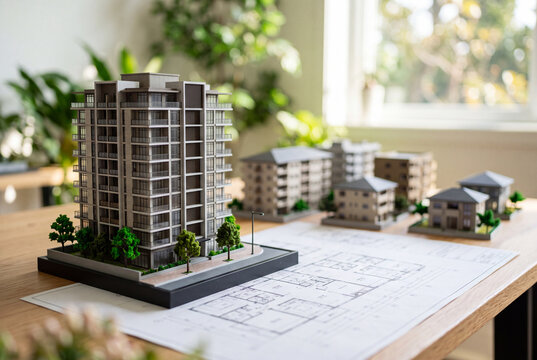 マンションと住宅模型で表現した不動産開発と賃貸経営のイメージ