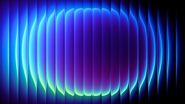 Abstract luminous glass texture with glowing oval gradient behind vertical ribbed glass creates elegant waves and dimensional layers. Futuristic optical artwork with soft curves and luminous edges