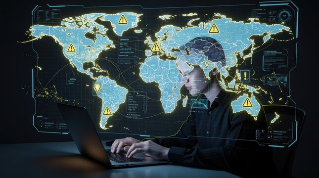 A man in a dark room works on a laptop with a holographic global map highlighting warning symbols, suggesting cybersecurity or data threat monitoring.