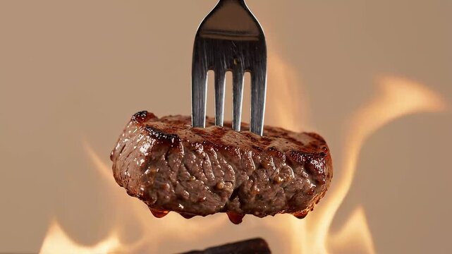 Juicy grilled steak piece on a fork surrounded by flames on a beige background