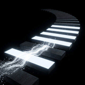 Abstract digital staircase with glowing light trails symbolizing progress and innovation on a dark background