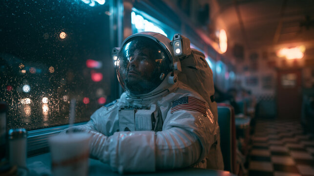 Astronaut Sitting Alone Inside Retro Diner on Rainy Night