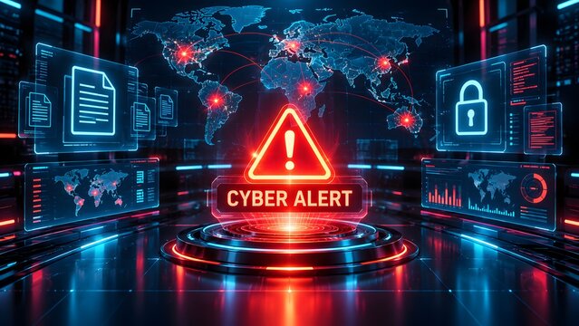 Global Cyber Alert warning with futuristic digital network map and data security interface
