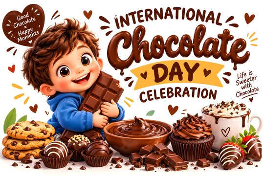 International Chocolate Day celebration poster with rich dark chocolate indulgence
