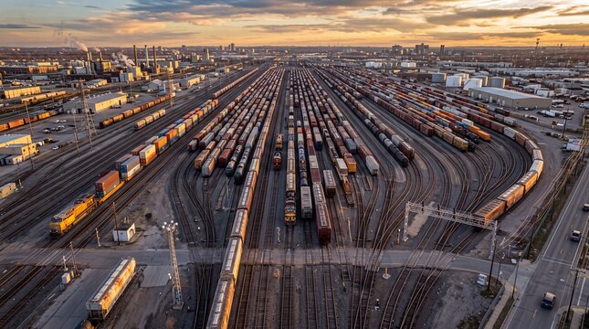 Aerial View of Large Railroad Freight Yard at Sunset