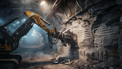 Fototapeta premium Heavy Construction Excavator Drilling Tunnel Wall in Underground Mine