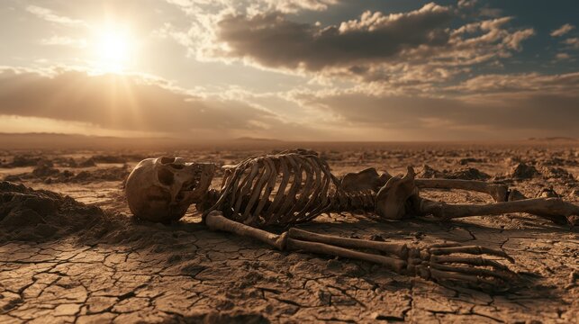 A lone skeleton lying on cracked ground under a dramatic sunset, symbolizing decay and the passage of time in an arid landscape
