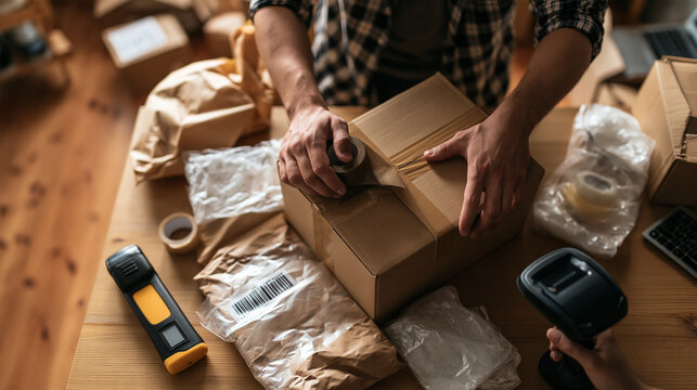 Hands Packing Cardboard Box with Tape for Shipping