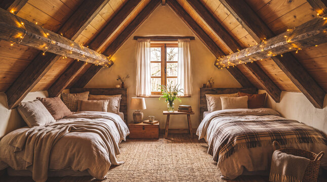 Cozy attic bedroom with rustic wooden beams and twinkling fairy lights