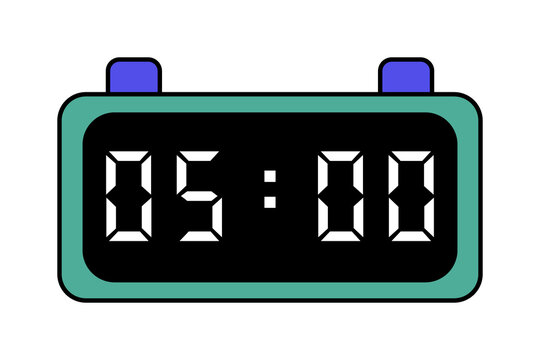 A green and purple digital clock showing 05:00 on a white background