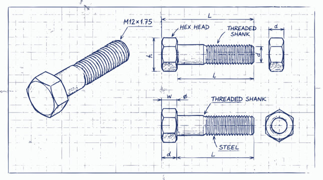 3D Blueprint Sketch and Technical Drawing of Hex Bolt M12 on Grid Paper