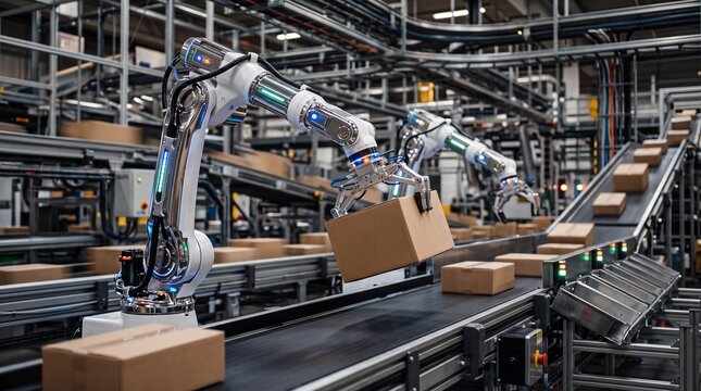 Automated Robotic Arms Sorting Packages on Warehouse Conveyor